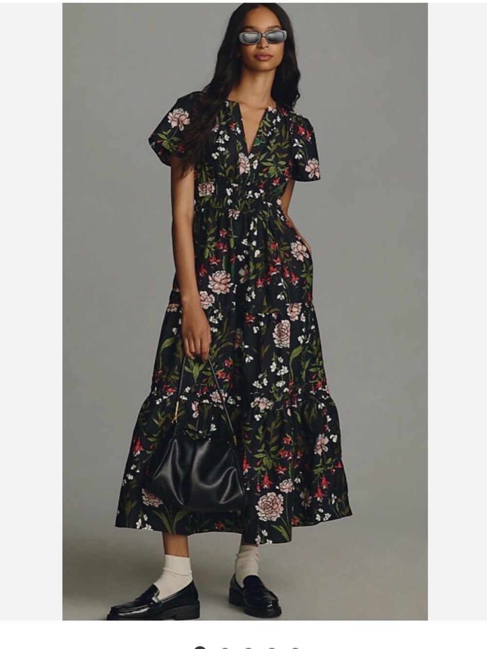 Anthropologie Somerset Black Floral Maxi Dress with Pink and Red Blooms